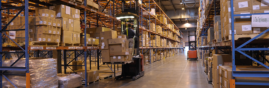 Crates arranged and stacked in the NIH Supply Center warehouse